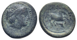 Kingdom of Macedon, Philip II Æ (17mm. 4.3 g) Uncertain mint in Macedon, circa 359-294 BC. Diademed male head to right / Youth on horseback to right; ...