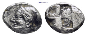 IONIA. Phokaia. (Circa 521-478 BC). AR Obol. (10mm, 1.0 g) Obv: Archaic female head left, wearing earring and helmet or close fitting cap.. Rev: Quadr...