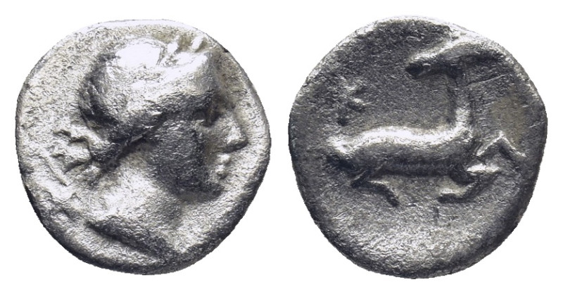 Ionia, Ephesos (?) AR Trihemiobol. Circa 340-325 BC. (1 Gr. 10mm.)
Draped bust o...