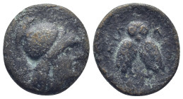 MYSIA, Miletopolis. 2nd-1st centuries BC. AE. (19mm, 5.65 g) Obv: Helmeted head of Athena, right. Rev: MIΛΗΤΟΠOΛITΩN. Double-bodied owl standing facin...