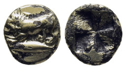 MYSIA. Kyzikos. (Circa 500-450 BC). EL Fourrée Hekte – Sixth Stater (10mm 1.67 g). Obv: Lion at bay left on tunny left Rev: Quadripartite incuse squar...