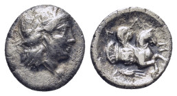 MYSIA. Lampsakos. (4th-3rd centuries BC). AR Obol. (11mm, 1.0 g)Obv: Laureate head of Apollo right. Rev: ΛΑΜ. Forepart of Pegasos right; below, grain ...