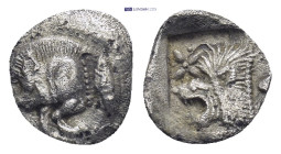 Mysia, Kyzikos AR Hemiobol. (8mm, 0.4 g) Circa 450-400 BC. Forepart of boar left; tunny upward to right / Head of roaring lion left, with four pointed...