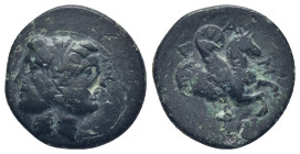 Mysia, Lampsakos, c. 4th century BC. Æ (18mm, 4.1 g). Janiform female head wearing tania and earring. R/ Forepart of Pegasos r. with; torch below.