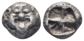Mysia. Parion circa 500-450 BC. Drachm AR (13mm, 3,91 g Facing gorgoneion with protruding tongue / Rough, quadripartite incuse square.