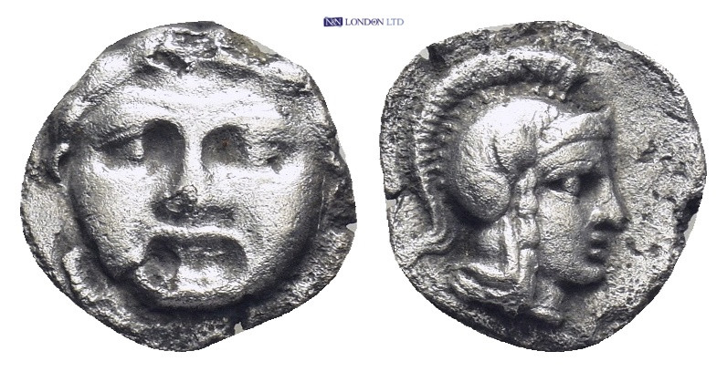 PAMPHYLIA, Aspendos. 420-360 BC. AR Obol (10mm, 0.85 g) Gorgoneion / Helmeted he...