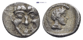 PAMPHYLIA, Aspendos. 420-360 BC. AR Obol (10mm, 1.0 g) Gorgoneion / Helmeted head of Athena.