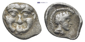 PAMPHYLIA, Aspendos. 420-360 BC. AR Obol (12mm, 1.1 g) Gorgoneion / Helmeted head of Athena.