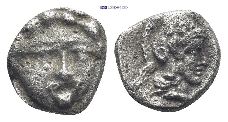PAMPHYLIA, Aspendos. 420-360 BC. AR Obol (8mm, 0.96 g) Gorgoneion / Helmeted hea...