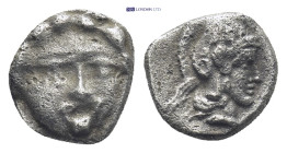 PAMPHYLIA, Aspendos. 420-360 BC. AR Obol (8mm, 0.96 g) Gorgoneion / Helmeted head of Athena.