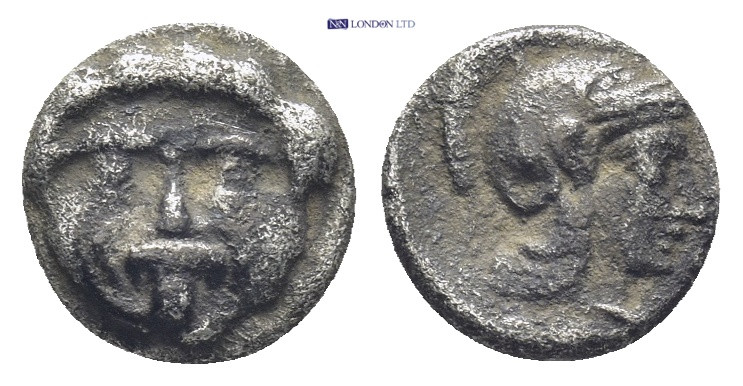 PAMPHYLIA, Aspendos. 420-360 BC. AR Obol (9mm, 0.77 g) Gorgoneion / Helmeted hea...