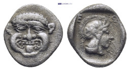 PAMPHYLIA, Aspendos. Circa 420-360 BC. Obol (1 Gr. 10mm.)
 Gorgoneion with protruding tongue. 
Rev. Head of Athena to right, wearing crested Attic hel...
