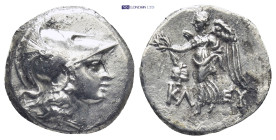 PAMPHYLIA, Side. Circa 183-175 BC. AR Drachm (18mm, 4.0 g). Kleuch-, magistrate. Helmeted head of Athena right / Nike advancing left, holding wreath; ...