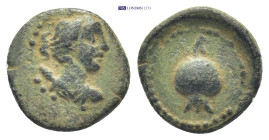 PAMPHYLIA. Side. Ae (12mm, 1.5 g) (3rd-2nd centuries BC). Obv: Draped bust of Artemis right, with quiver over shoulder. Rev: Pomegranate.