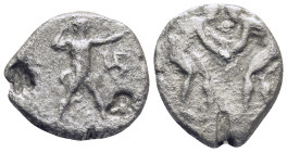 Pamphylia, Aspendus; Stater, 420-400 BC, (9.37 Gr. 22mm.). 
Two wrestlers fully engaged standing knee to knee.
 Rev. Slinger standing wearing short ch...