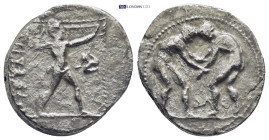 Pamphylia, Aspendus; Stater, 420-400 BC, (9.9 Gr. 23mm.).
 Two wrestlers fully engaged standing knee to knee. 
Rev. Slinger standing wearing short chi...