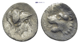 Pamphylia. Side circa 250-150 BC. Obol AR (0.53 Gr. 10mm). Head of Athena to right; wearing corinthian helmet Rev. Head of roaring lion left.