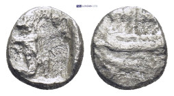 PHOENICIA, Sidon. Circa 401-365 BC. AR Thirty-second Shekel (0.77 Gr. 8mm.). 
Persian king or hero in kneeling-running stance right, holding spear in ...