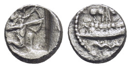 PHOENICIA, Sidon. Uncertain king. Circa 435-425 BC. AR Sixteenth Shekel (0.79 Gr. 8mm.). 
Persian king or hero in kneeling-running stance right, drawi...