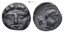 PISIDIA, Selge (Circa 350-300 BC) AR Obol (10mm, 0.93 g) Obv: Facing gorgoneion. Rev: Helmeted head of Athena to right; behind, astralagos.