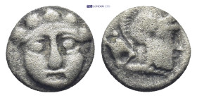 PISIDIA, Selge (Circa 350-300 BC) AR Obol (9mm, 0.84 g) Obv: Facing gorgoneion. Rev: Helmeted head of Athena to right; behind, astralagos.