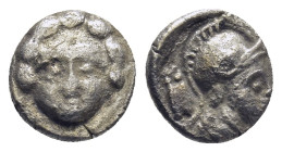 PISIDIA. Selge. Obol (Circa 300-190 BC). (0.81 Gr. 9mm.)
 Gorgoneion.
 Rev. Helmeted head of Athena right.