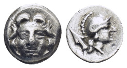 PISIDIA. Selge. Obol (Circa 300-190 BC). (0.82 Gr. 10mm.)
 Gorgoneion.
 Rev. Helmeted head of Athena right, spear head behind.
