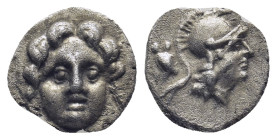 PISIDIA. Selge. Obol (Circa 300-190 BC). (0.92 Gr. 10mm.)
 Gorgoneion.
 Rev. Helmeted head of Athena right, spear head behind.