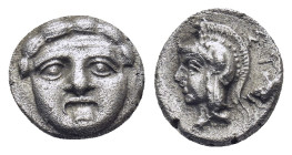 Pisidia, Selge. Ca. 350-300 B.C. AR obol (1 Gr. 9mm.). 
Facing Gorgoneion 
Rev. Head of Athena left wearing crested Corinthian style helmet.