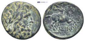 Pisidia. Isinda 100-0 BC. Dated CY 1 (19/18 or 6/5 BC) Bronze Æ (19mm, 4.59 g) Laureate head of Zeus right / A/ IΣIN, warrior with spear on horse ridi...