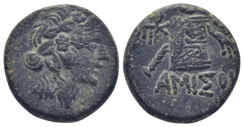 Pontos, Amisos. 85-65. AE (21mm, 8.55 g) Dionysos right Rev.Cista mystica with p...