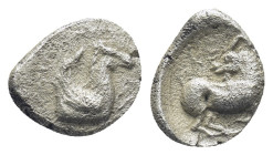 Cilicia, Kelenderis. Silver Obol, ca. 410-375 BC (0.74 Gr. 10mm.)
 Forepart of Pegasos right. 
Rev. Goat kneeling right, head tured to look back.