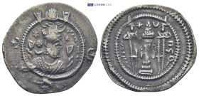 SASSANIAN EMPIRE. Kavad I. Second Reign, A.D. 499-531. AR Drachm (26mm, 4.15 g), Obverse: Crowned bust right; Reverse: Fire altar with ribbons and att...