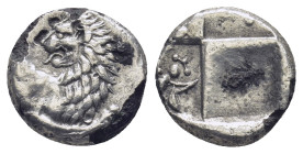 Thrace, Chersonesos, c. 386-338 BC. AR Hemidrachm (12mm, 1.6 g). Forepart of lion r., head l. R/ Quadripartite incuse square with alternating raised a...