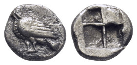 Troas, Abydos. AR Diobol, (1.10 g 9.0mm). Circa 500-480 BC. Obv: Eagle standing left. Rev: Quadripartite incuse square.