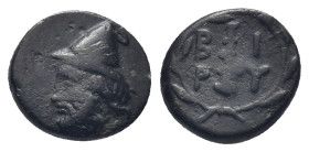 Troas, Birytis. c. 350-300 BC. AE (1.22 Gr. 10mm.). 
Head of Kabeiros left, wearing pilus; two stars above 
Rev. BIPY, Club within wreath.