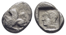 Troas. Gergis circa 500 BC. Tetrobol AR (13mm., 2,0 g). Sphinx seated left / Helmeted head of Athena left within incuse square.