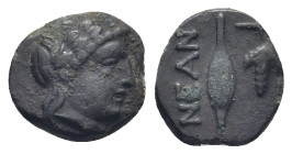 TROAS. Neandria. AE (4th century BC). (0.8 Gr. 10mm.)
Laureate head of Apollo right. 
Rev. Grain ear; grape bunch to right.