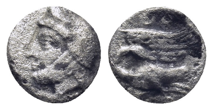 Greek coin

IONIA, Leukai. Circa 350 BC. AR Obol . Head of the Persian general...