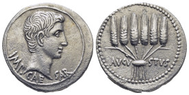 Augustus. (27 BC-AD 14). AR Cistophorus (11.80 Gr. 25mm.). Ephesus, ca. 25 BC. 
Bare head of Augustus right,
Rev. AVGVSTVS, bunch of six ears of grain...