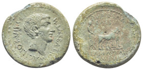 MYSIA. Parium. Augustus (27 BC-14 AD). AE . M. Barbatius and M. Acilius. (7.2 Gr. 24mm.)
Bare head right.
Rev. Priest plowing with yoke of oxen right.