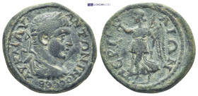 PAMPHYLIA, Perge. Caracalla. AD 198-217. Æ (24mm. 11.0 g). Laureate, draped, and curiassed bust right; / Nike advancing l., holding wreath and palm-br...