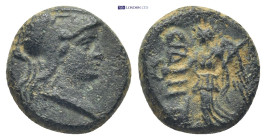 PAMPHYLIA. Side. Ae (13mm, 3.0 g) (Circa mid 1st to 2nd century AD). Obv: Helmeted head of Athena right. Rev: CIΔH. Nike advancing left, holding wreat...