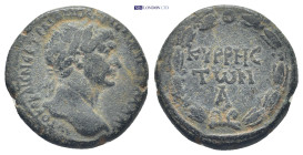 Syria, Cyrrhestica. Cyrrhus. Trajan. A.D. 98-117. AE (13.5 Gr. 25mm.).
 Laureate head of Trajan right 
Rev. KYPPHC TωN in two lines; A below; all with...