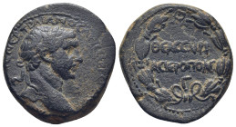 Syria, Cyrrhestica. Hieropolis. Trajan. A.D. 98-117. AE. (15.2 Gr. 26mm.)
Laureate bust of Trajan right, drapery on left shoulder
Rev. Ethnic in three...