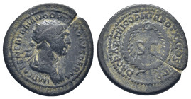 Syria, Trajan (98-117). AE Dupondius Rome, for use in Syria, AD 116. (4.32 Gr. 21mm.)
Radiate and draped bust right. 
Rev. Legend around oak wreath, S...