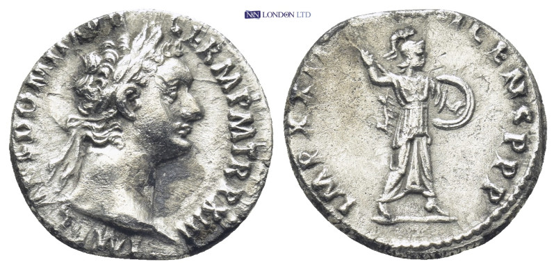 Domitian AR Denarius. (18mm, 3.0 g) Rome, 92. Laureate head r. / Minerva advanci...