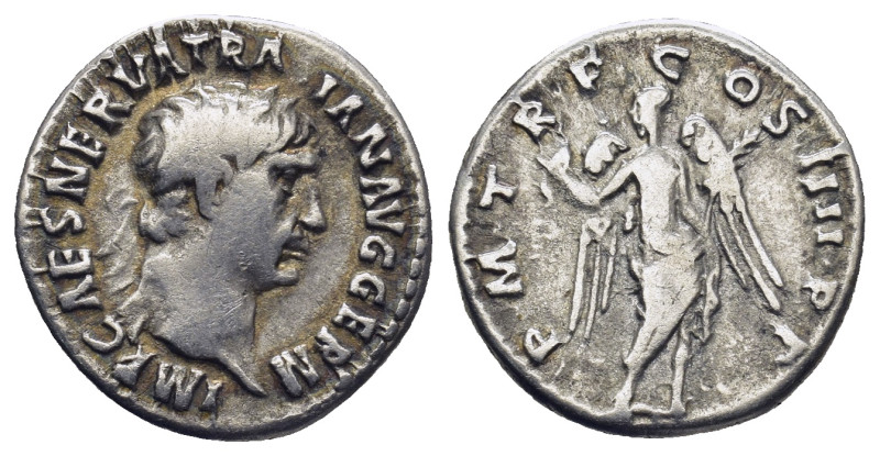 Trajan (98-117 AD), AR Denarius (3.1 Gr. 18mm.)
Laureate bust right, with slight...