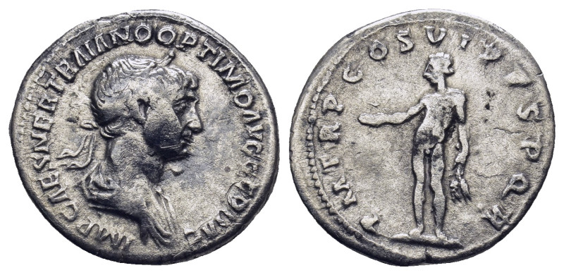 Trajan (AD 98-117). AR Denarius Rome. (3 Gr. 18mm.)
Laureate, draped bust of Tra...