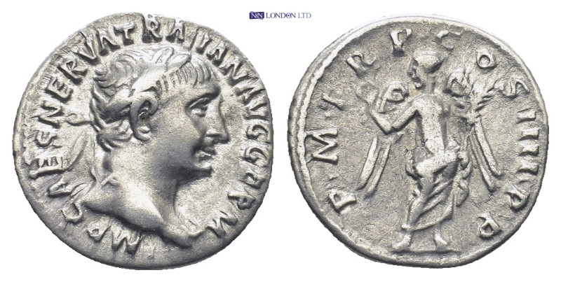 Trajan AD 98-117. Rome Denar (3.3 Gr. 18mm.)
Laureate bust right, slight drapery...